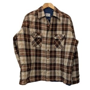 VTG 80/90s Oakton Ltd Plaid Flannel Quilt Lined Jacket Button Up‎ Brown Tan - XL